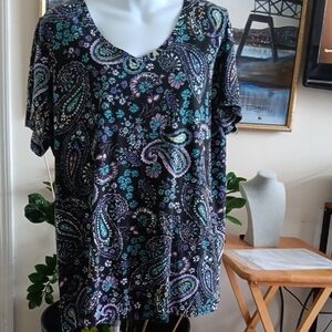 Woman Within Paisley V-Neck Top Petite Size Large